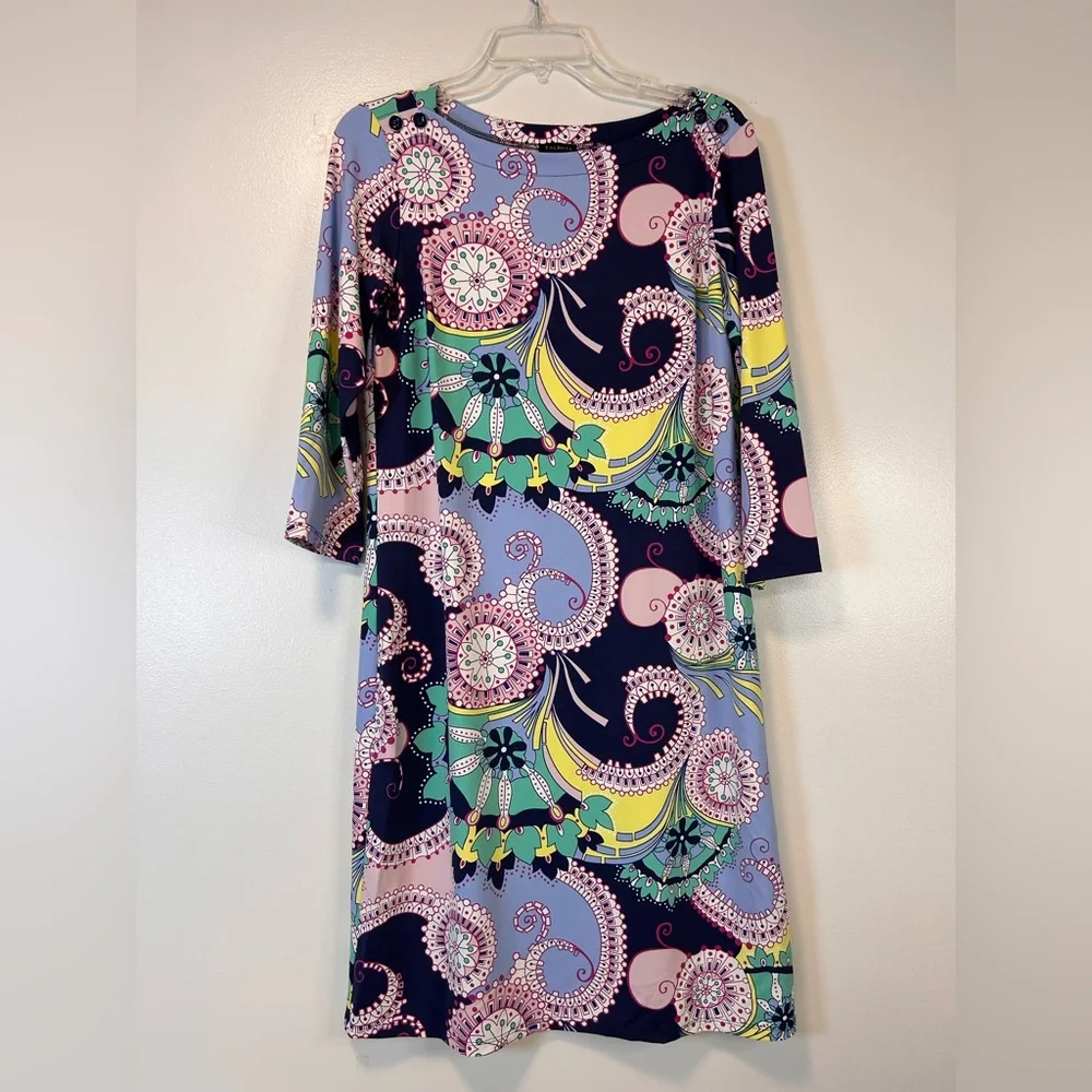 TALBOTS Jersey Shift Dress Spiral Paisley 3/4 sleeve‎ knee length Women’s Medium - Picture 2 of 10